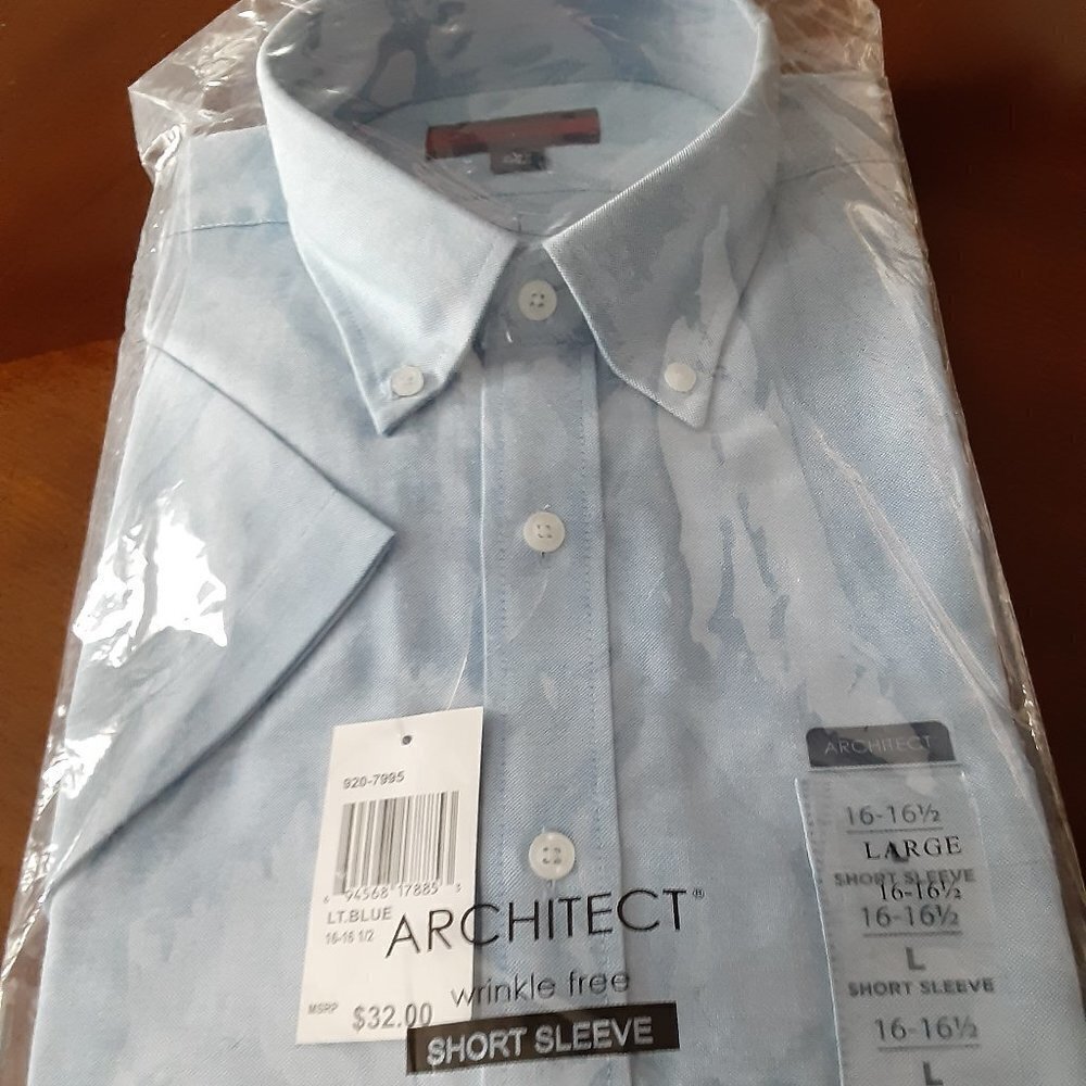 Architect Large 18-18.5  Light Blue Short Sleeve Shirt w/Button Down Collar